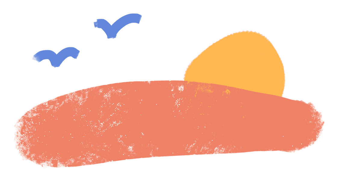 A loose brush illustration of some birds and a sunrise.